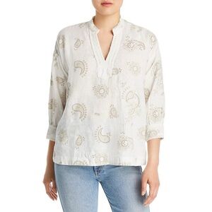 Johnny Was Skyler Top Small linen white tan cream eyelet